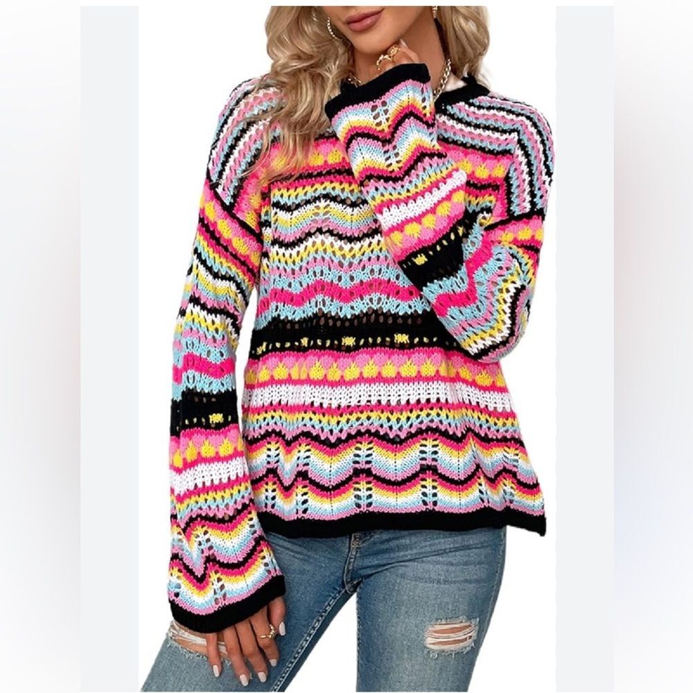 Colorful Stripe Womens Sweater Crew Neck Long Sleeve Crochet Knit Sweater Medium